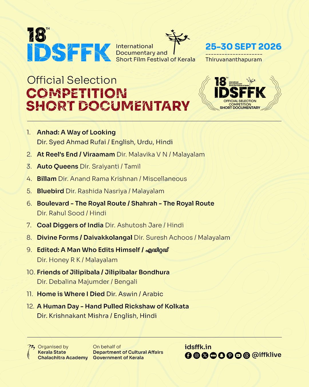 18th IDSFFK official selection list for the Competition Short Documentary section, including Divine Forms / Daivakkolangal